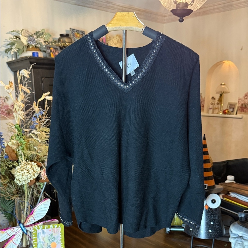 Black V-Neck Sweater with Embellished Trim
